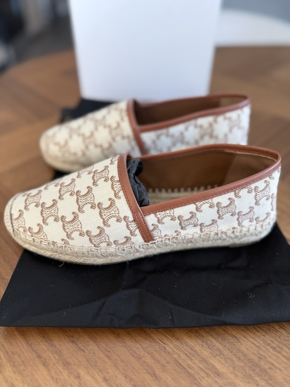 Céline Les Espadrille Triomphe Jacquard Canvas Leather Espadrille Ecru Sz 38/8