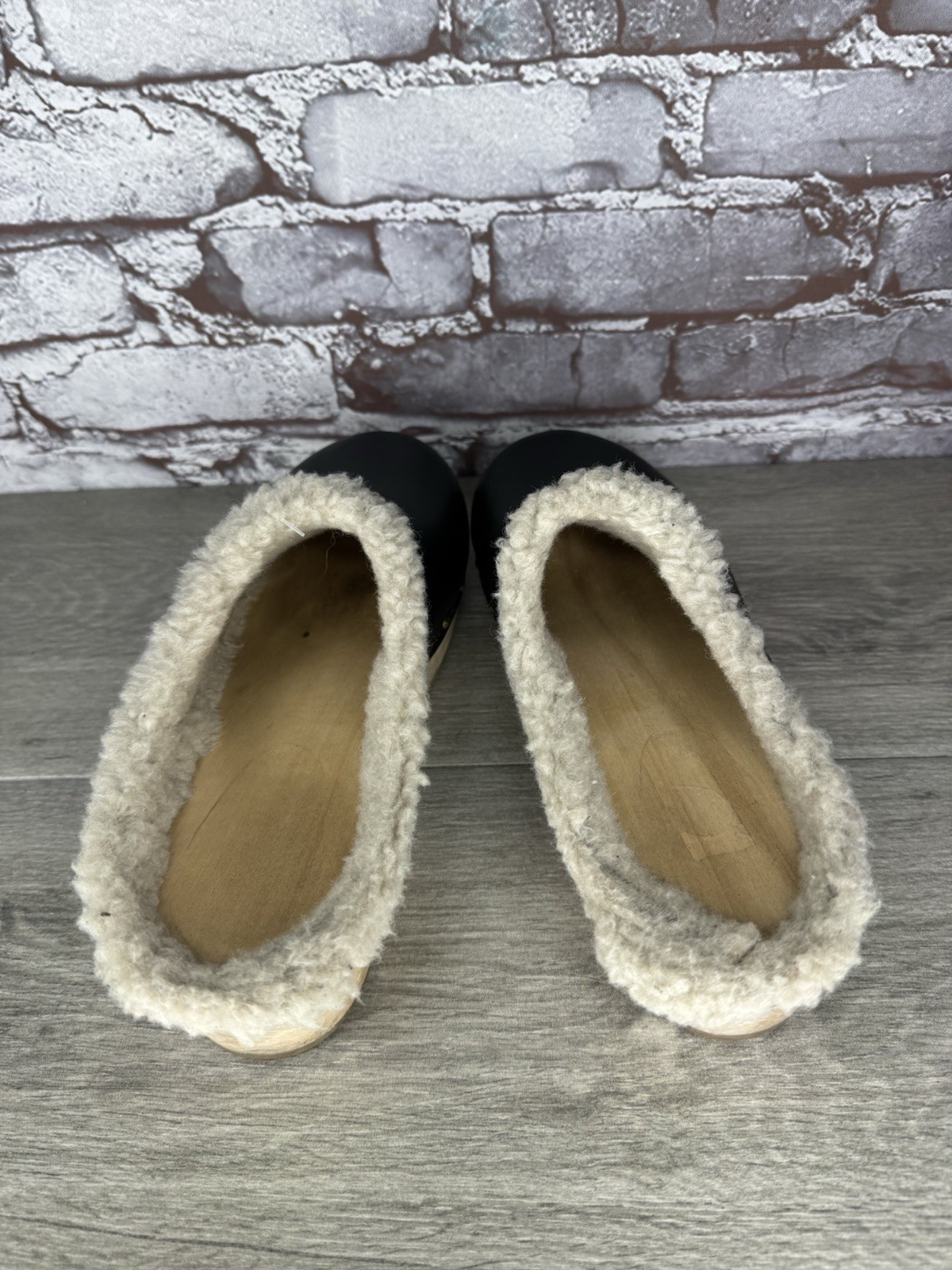 YouYou Sabot Wooden Black Leather French Clogs Slip On Fur Shoes Women 41EU/10.5