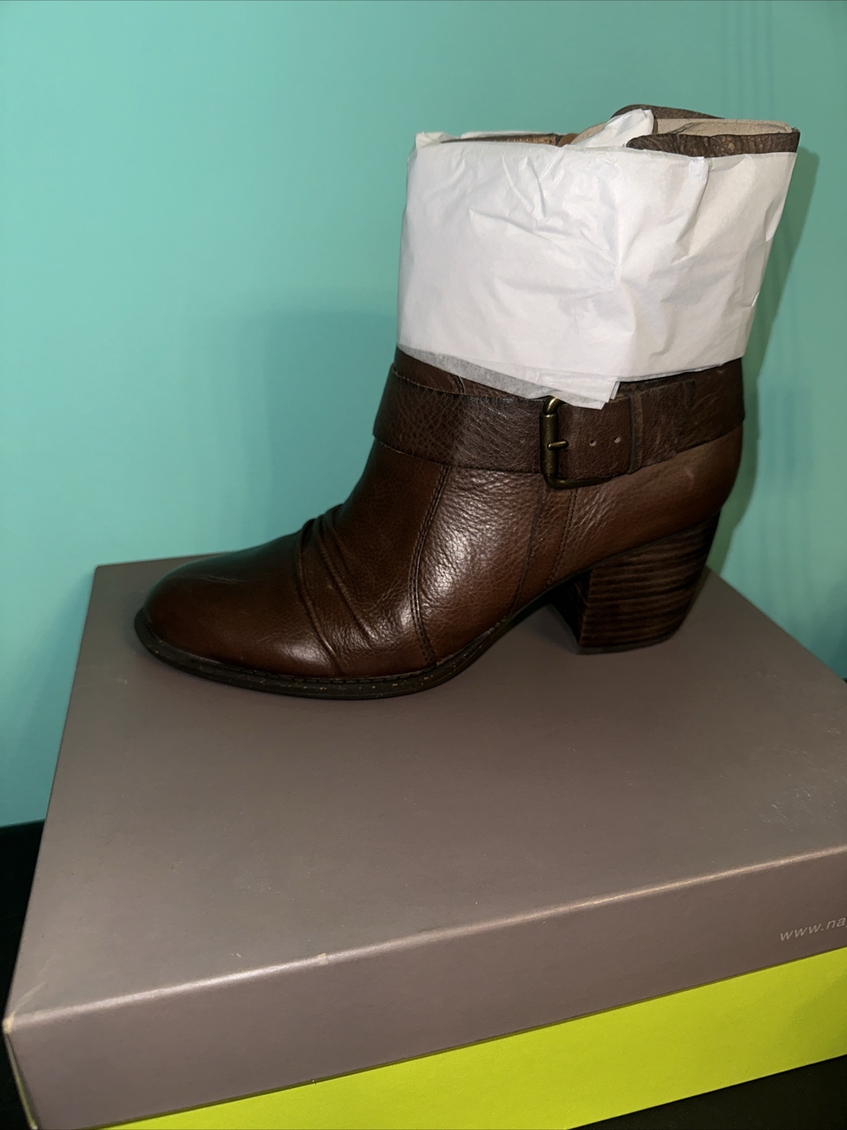 Naya Women’s Virtue Boot Size 10 Block Heel Rouched Brown Leather Buckles Boho