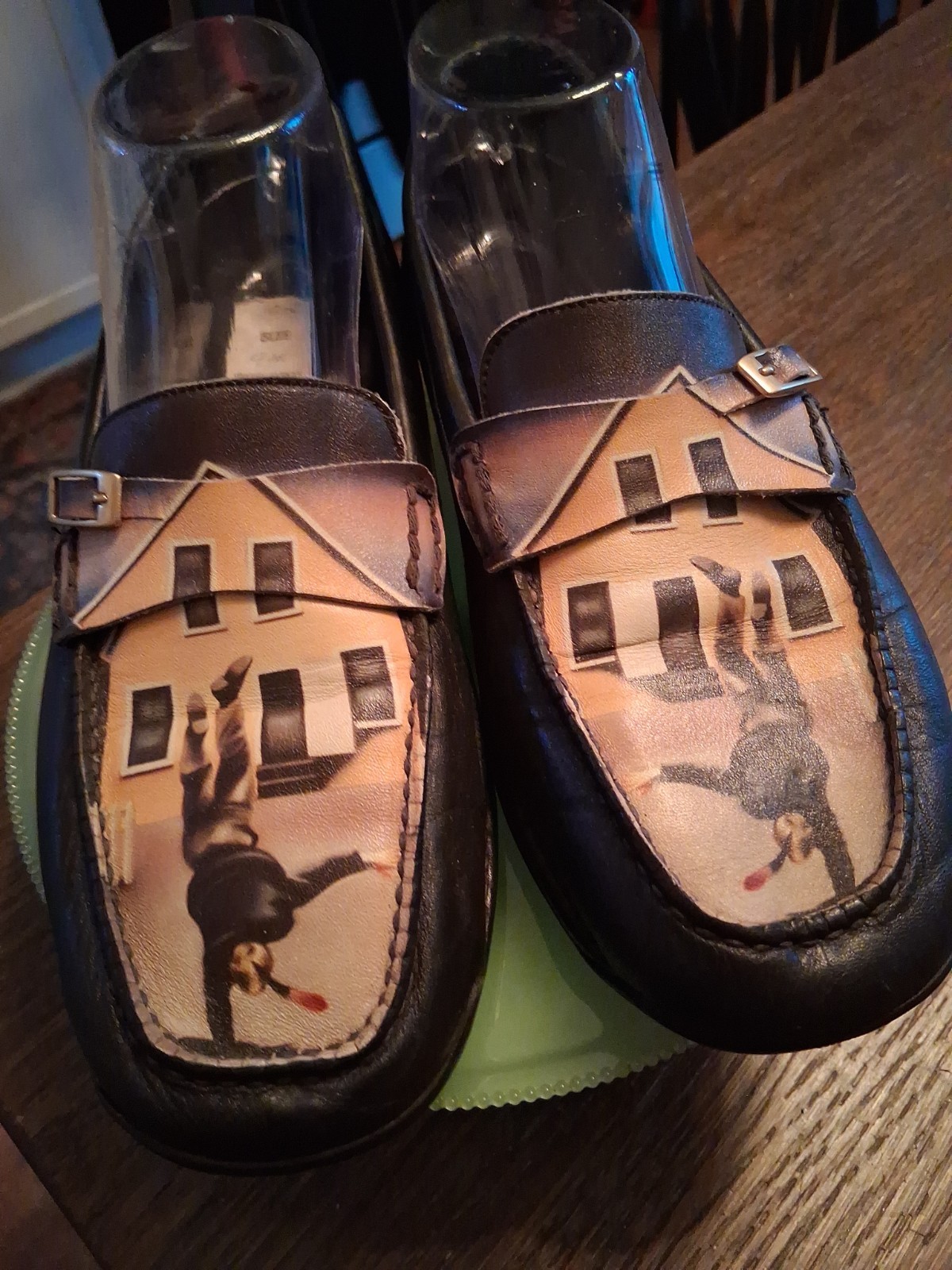 Icon Shoes Wearable Art Black Buckle Loafer Girl Doing Cartwheel Painted Size 9
