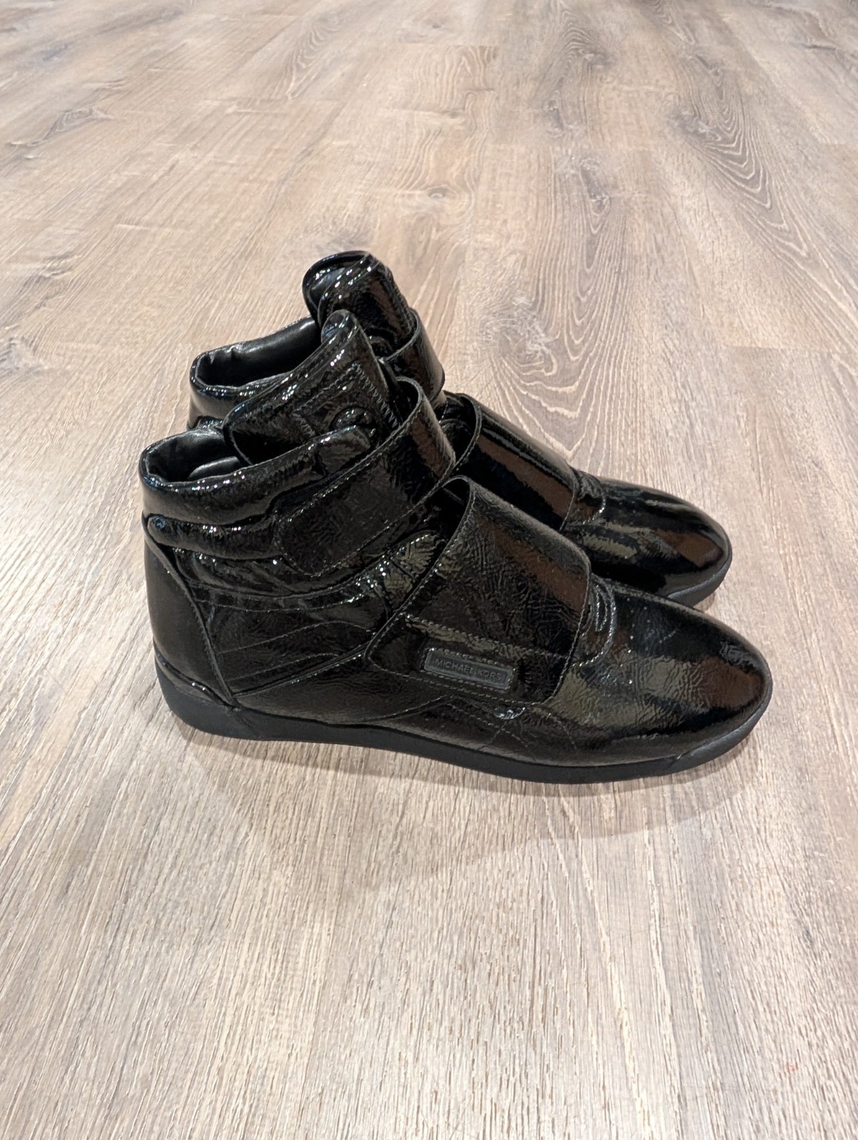 Michael Kors Gentry Black Patent Leather High-Top Wedge Trainer Sneakers 11