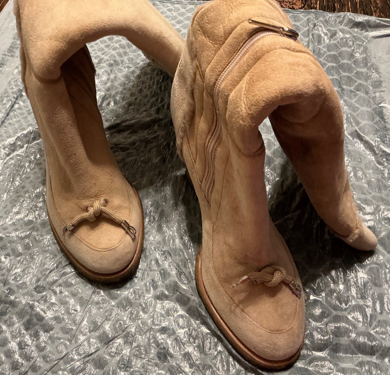 Christian Dior Beige Shearling Suede CD Logo Wedge Boots With Zipper Size 37,5