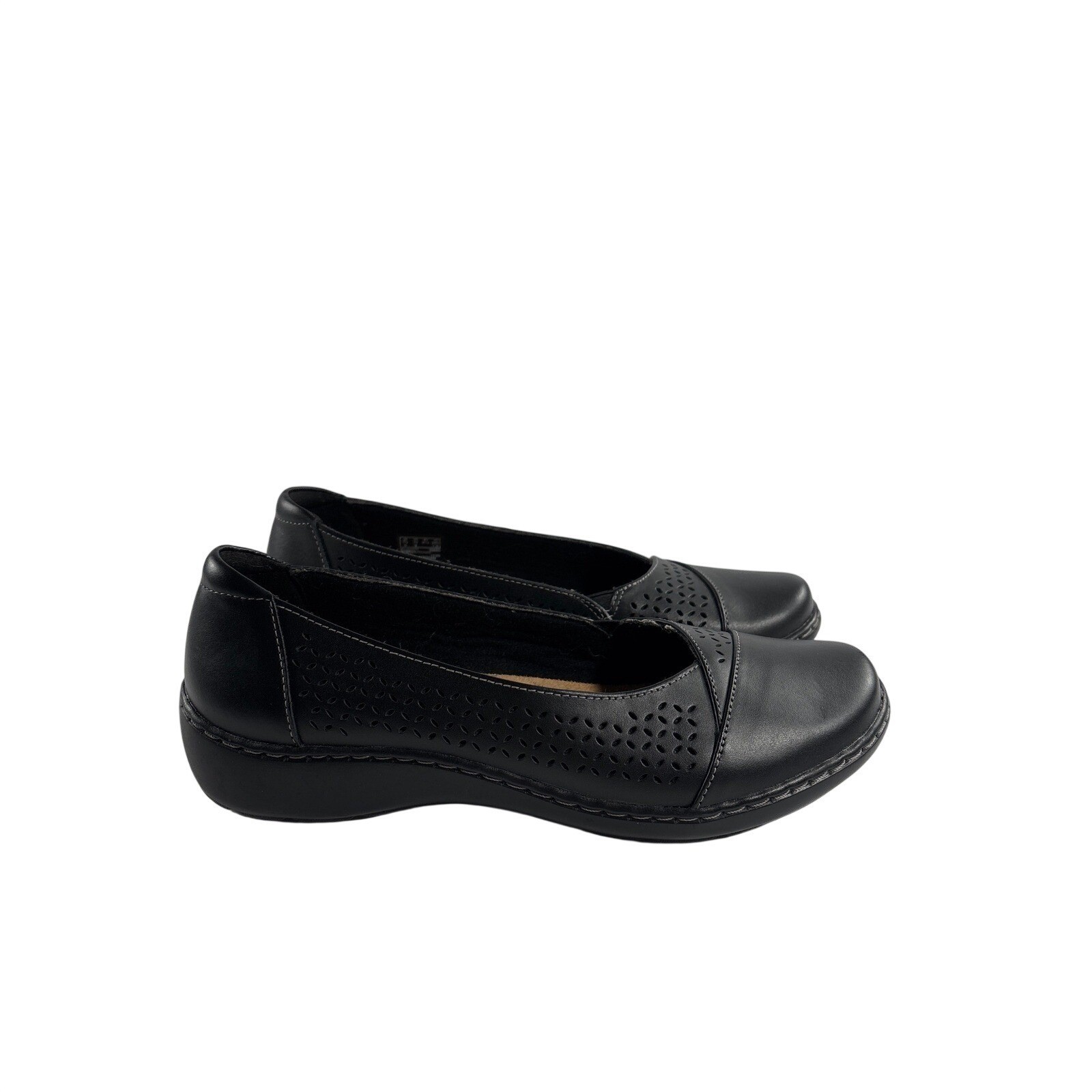 Clarks Collection Cora Iris Black Leather Laser Cut Ballet Flat Womens 10M