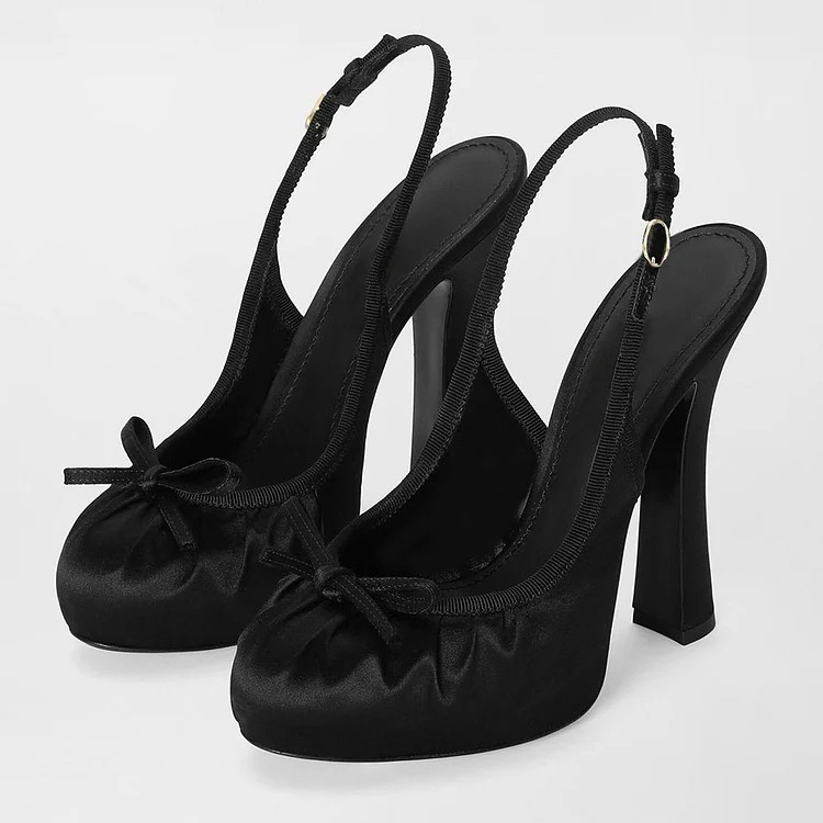 Black Satin Bow Decor Round Toe Pleated Platform Slingback Heels FSJ202504078A-3