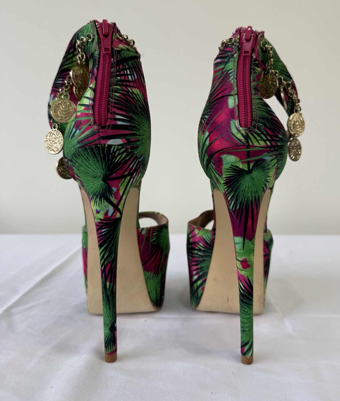 JOY Tropical Print Platform Heels 8.5 US Stiletto Ankle Strap Coins Charm