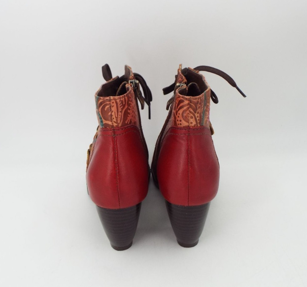 Socofy Women’s Boho Red Multicolor Floral Leather Lace Up Booties Size 37