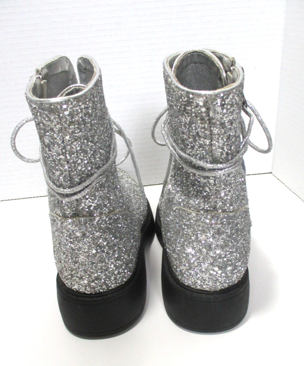 Fashion Glitter Combat Boots Womens 7 Silver Lace Up Zipper Boots Shoes READ