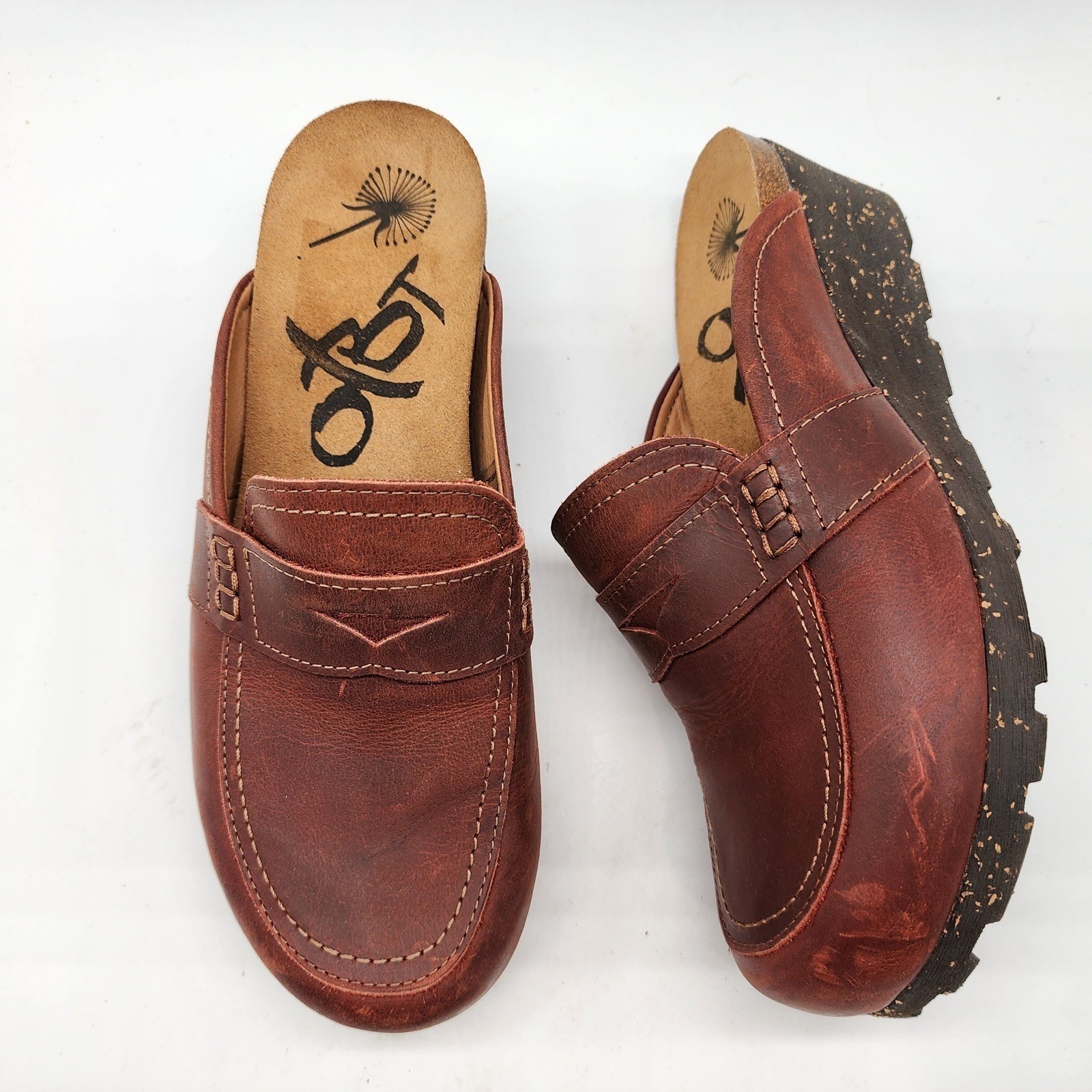 OTBT Homage Leather Penny Loafer Mules Women’s 7.5 Brown Wedge Clogs Portugal