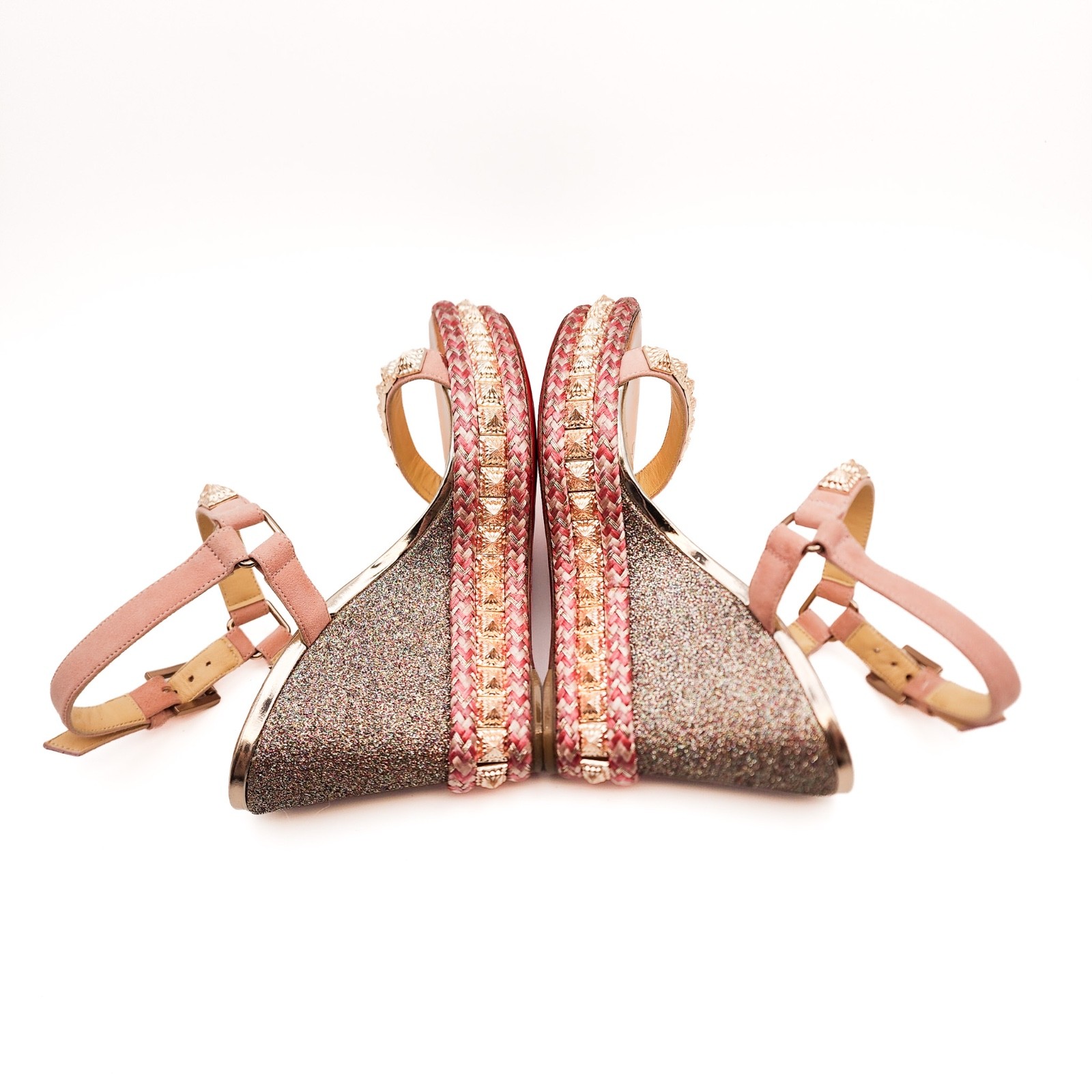 Christian Louboutin Pink Rose Gold Glitter Espadrille Platform Sandals EU 36