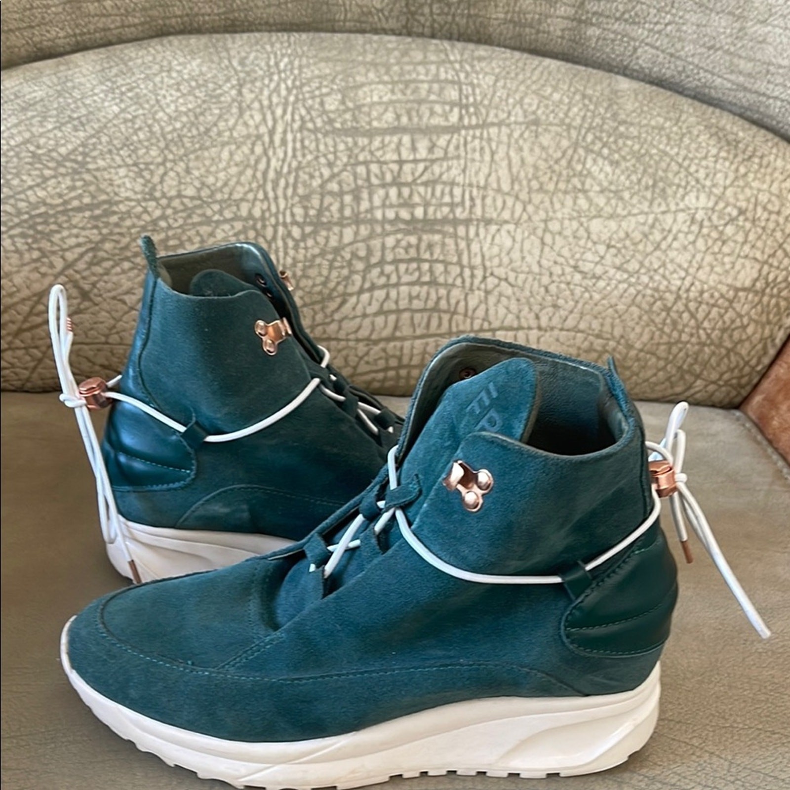 Filling Pieces Teal Hand Crafted Modern High-Top Women Leather Sneakers Size 38
