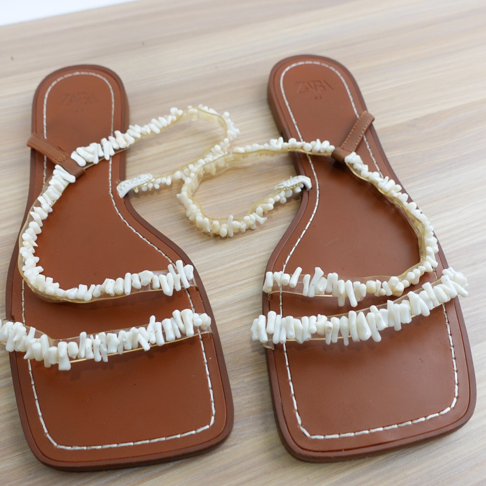 ZARA Coastal Boho Beaded Flat Sandals Womens 10.5 White Strappy Beach Slides