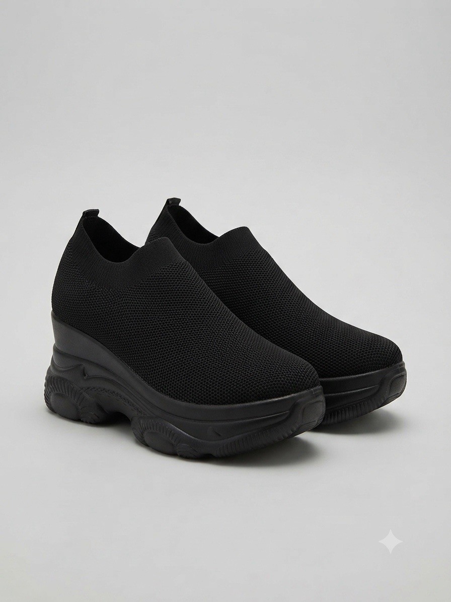 Black Platform Sock Sneakers Size 35 Y2K Streetwear Chunky Slip-On Casual Shoes