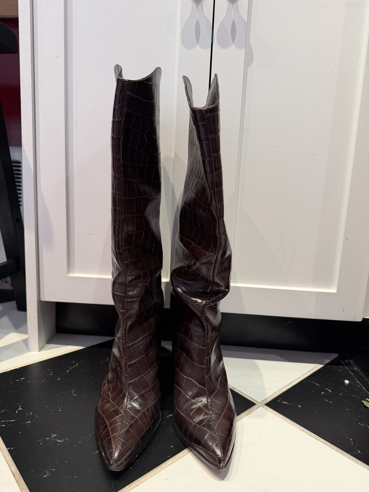 Schutz Mary Ana Burgundy Croc Embossed Western long knee high Rider Boots 10B