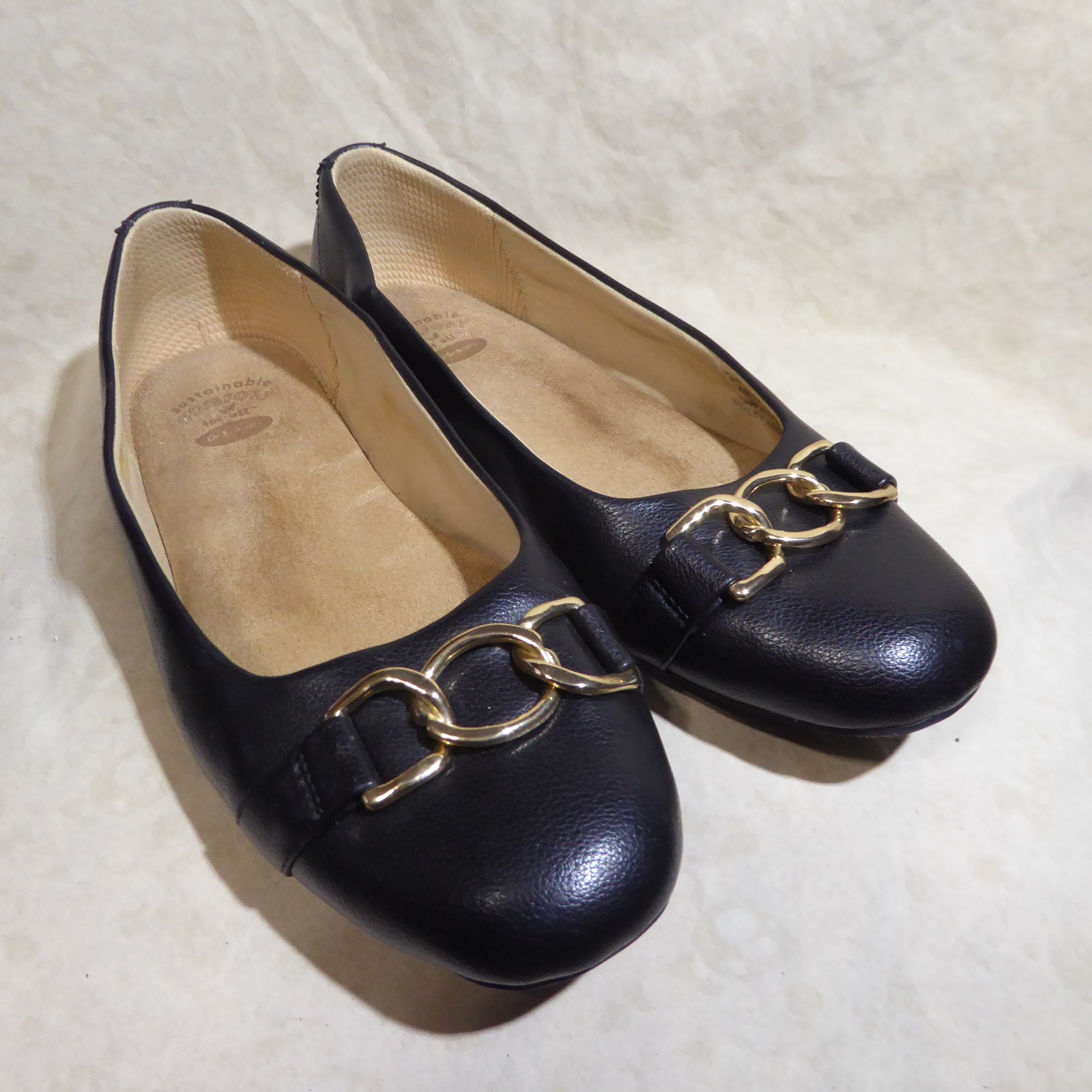 🩰 Dr Scholl’s Comfort Ballet Flats sz 8.5 W Black Leatherette; Chain Link Strap