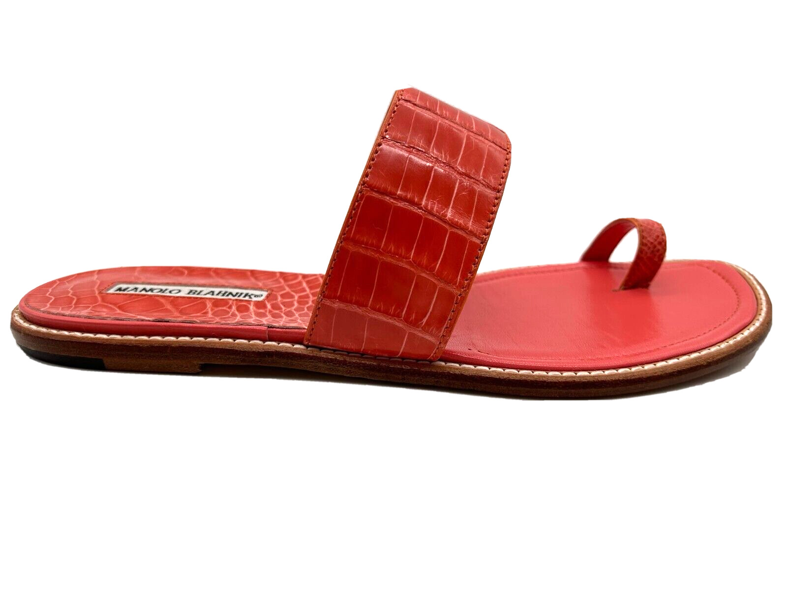 Manolo Blahnik Crocodile Leather Toe Loop Flat Thong Sandals Handmade Italy Rare