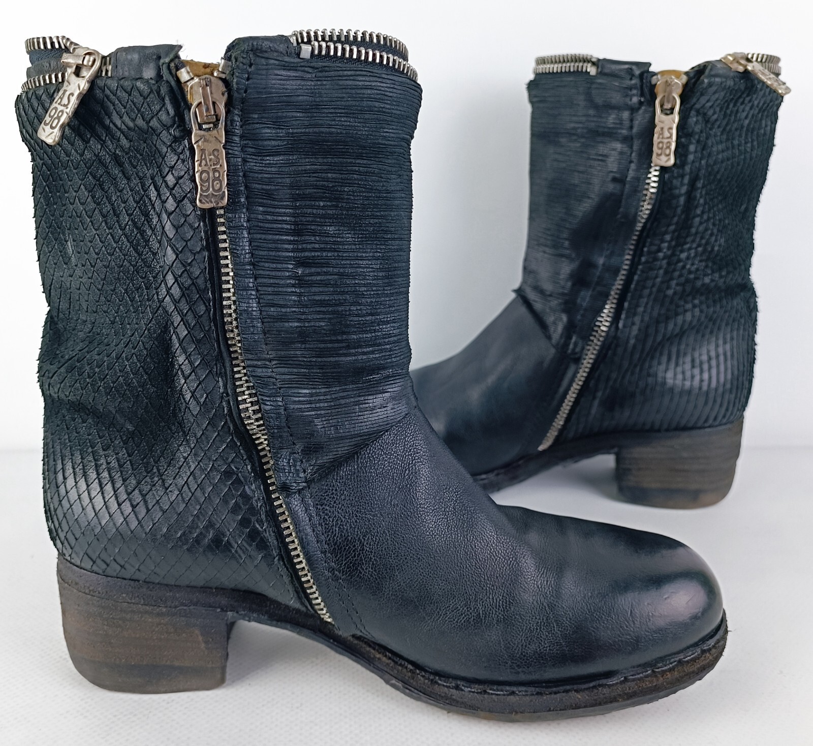 A.S.98 AirStep Womens Black Micro-textured Leather Biker Boho Boots Size EU 37
