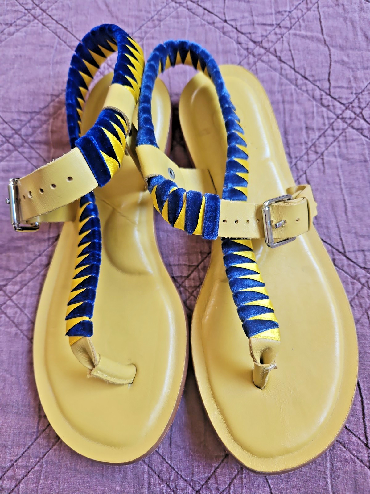 GOLO «Wrap Song» Sz 7.5 Yellow/Blue Buttery Leather Slingback Sandals, 1/2″ Heel