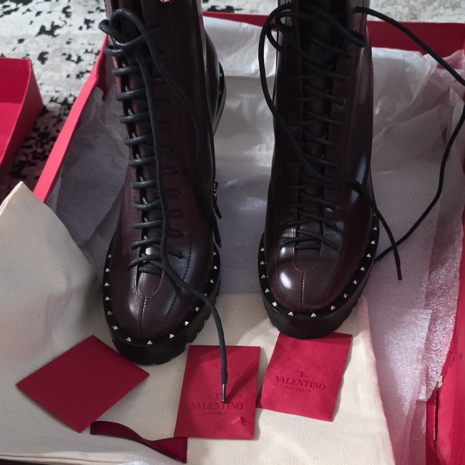 Valentino Garavani Burgundy Leather Studded Lace-Up Zipper Bootie US 9