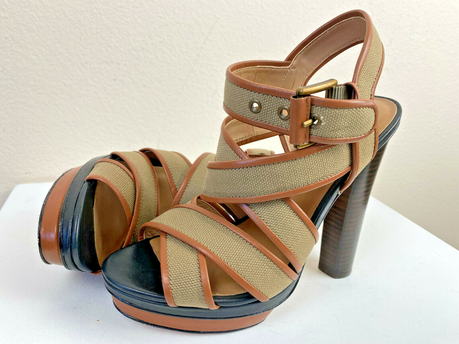 Ann Taylor Strappy Platform High Heel Sandals 7M Tan Safari Canvas Cone 5″ Heel