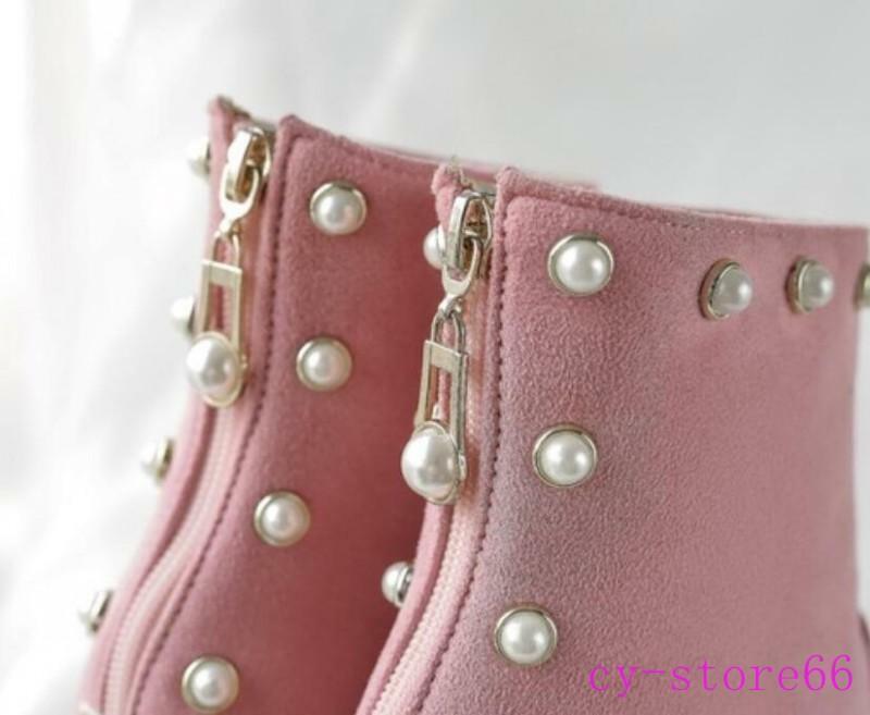 Womens Pearls Zipper Ankle Boots High Chunky Heel Casual Suede Shoes Clubwear