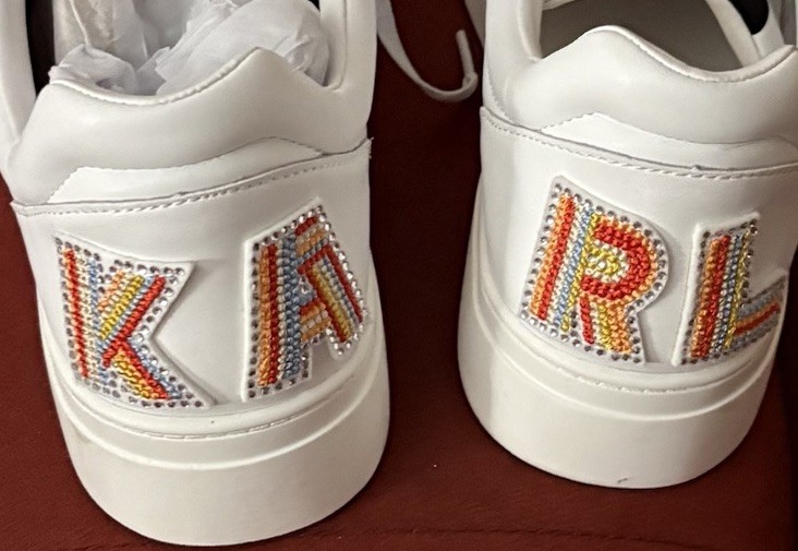 Karl Lagerfeld Paris Designer Calico Patch Embellished Heel Sneakers,White Sz 10
