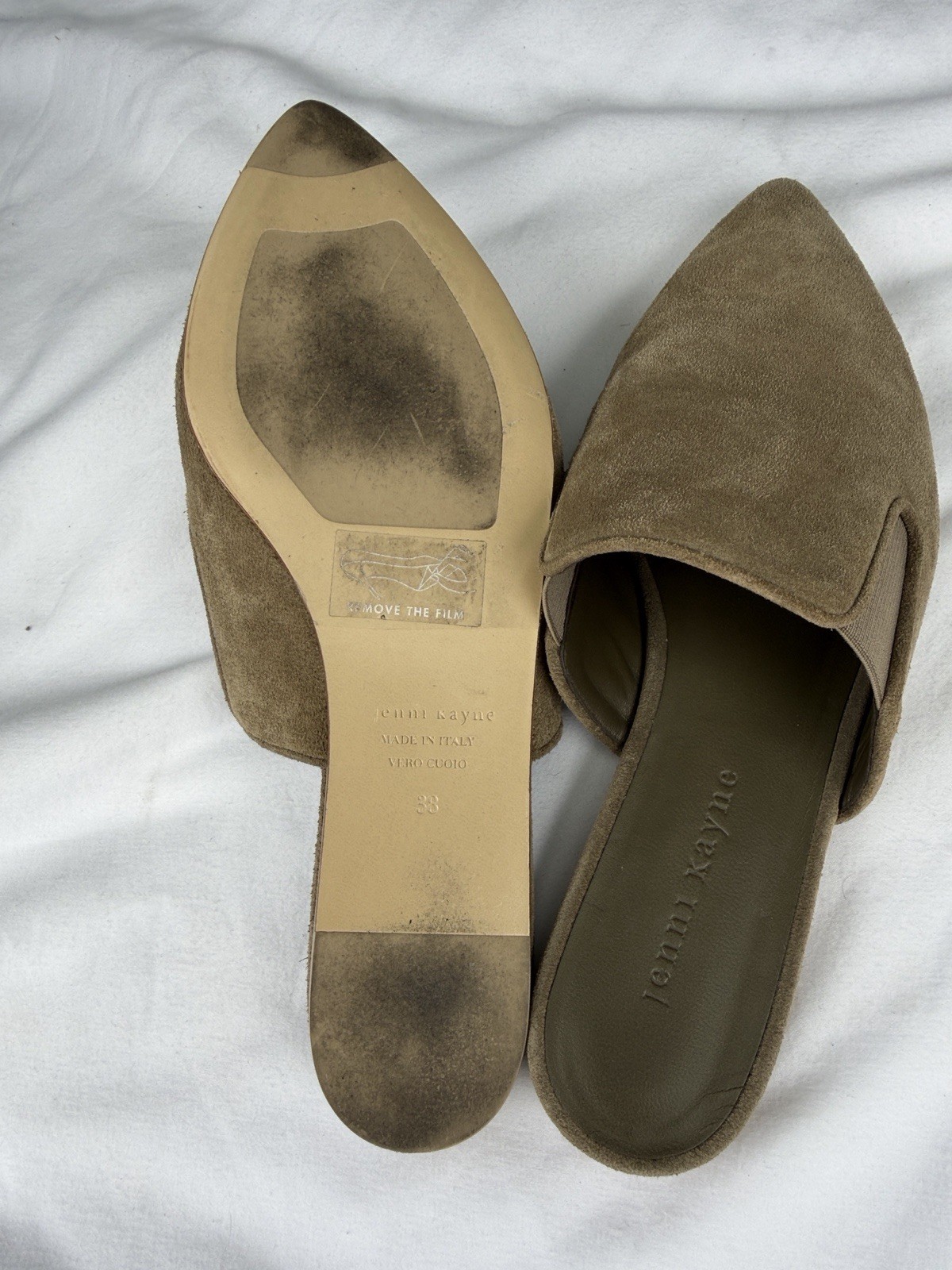 Jenni Kayne Women’s Brown/olive Suede Pointed Toe Slip-On Mule Flats EU 38