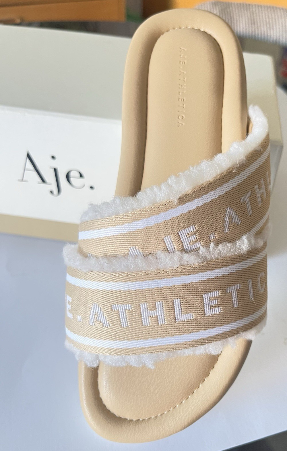 Aje Athletica Puffed Shearling Slides Size EU 37/AU 6/UK 4 Natural Tan BNWT