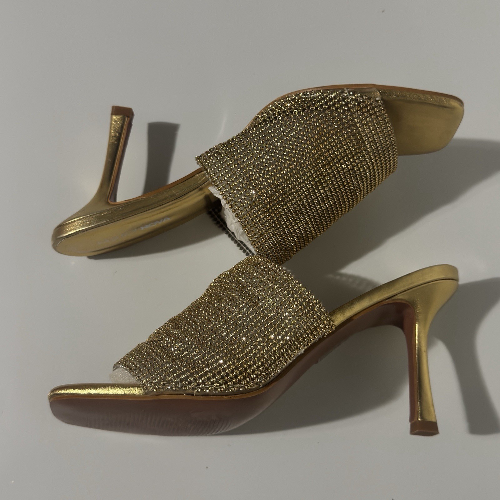 Size 10 – Fashion Nova Gold Rhinestone Slide Block Heel Sandals