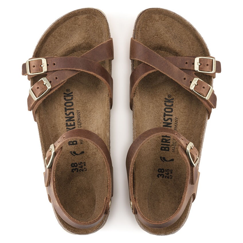 BIRKENSTOCK KUMBA COGNAC WAXY LEATHER MEDIUM/NARROW WIDTH CROSSED STRAPS SANDALS