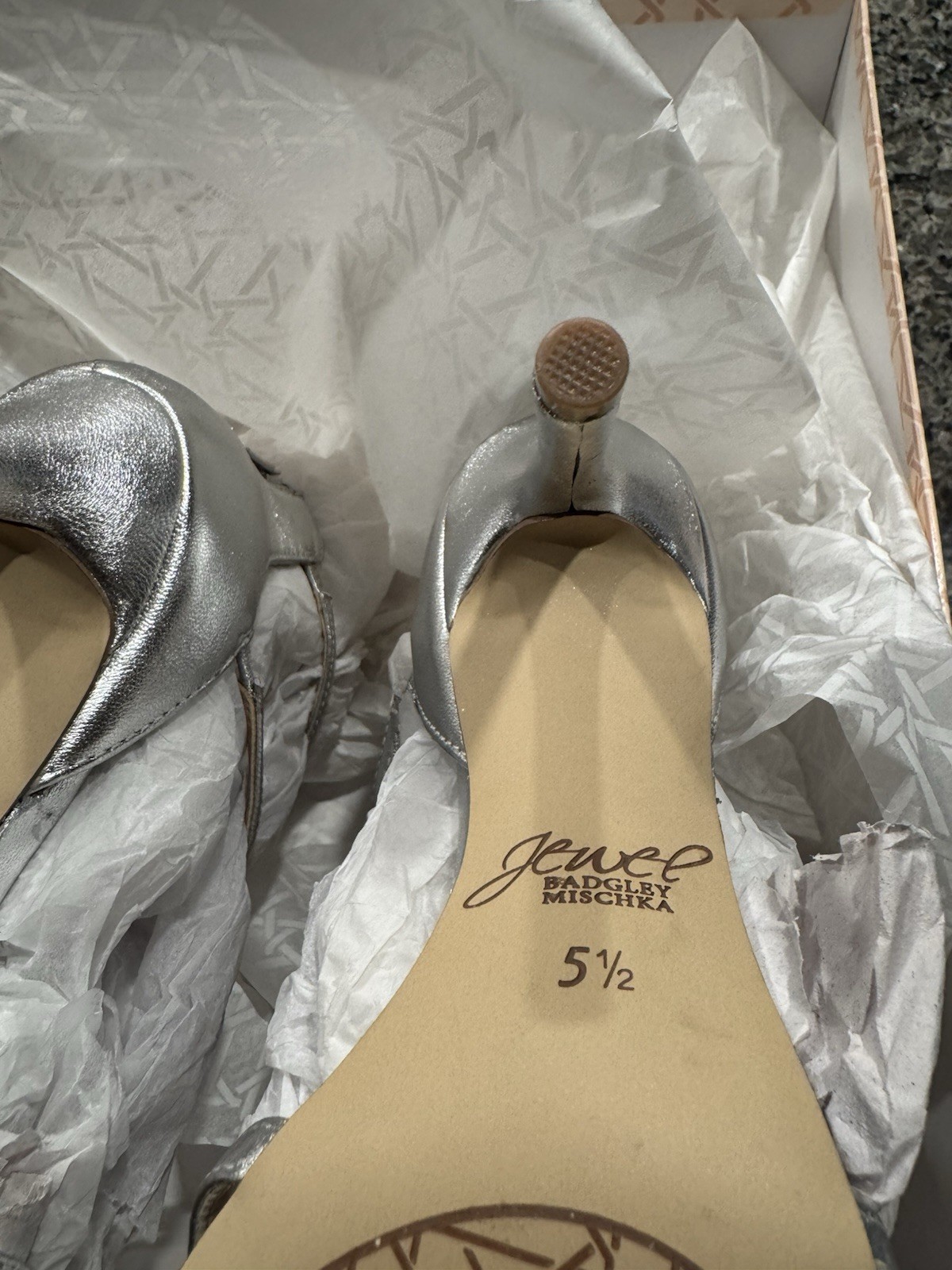 ** Never Worn ** Jewel Badgley Mischhka Women’s Silver Heels. Size 5.5