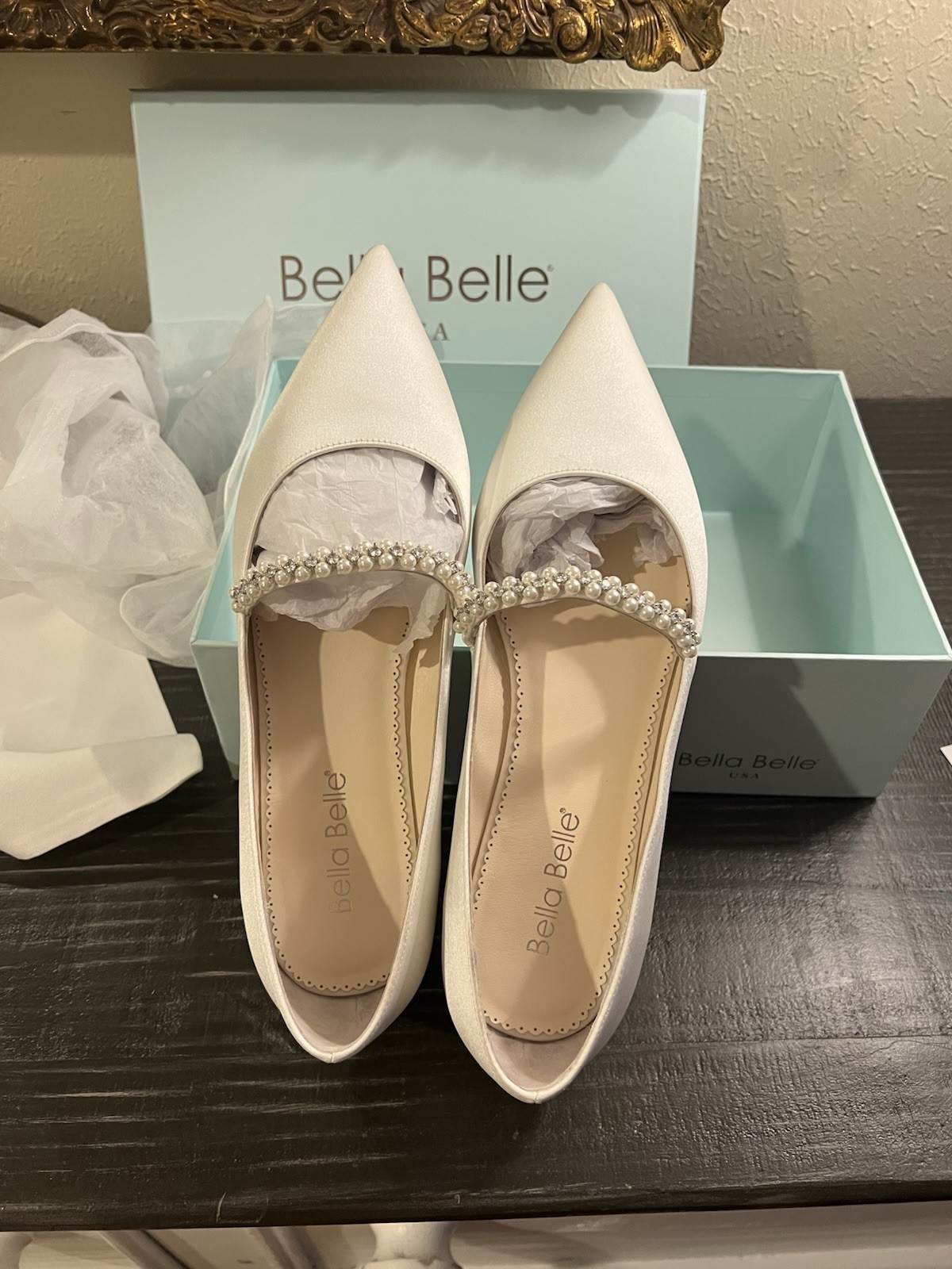 Bella Belle Ivory Satin Pointed Toe Pearl Strap Wedding Shoes Women US 9