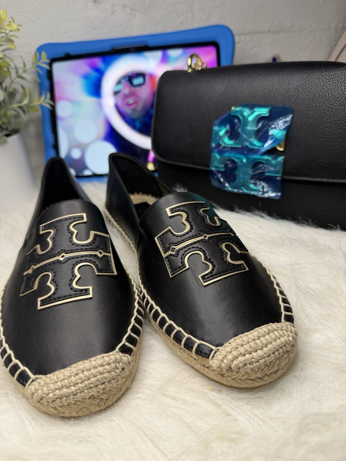 Tory Burch Women’s Leather Slip-On Logo Espadrille Flats Black/Beige 9.5
