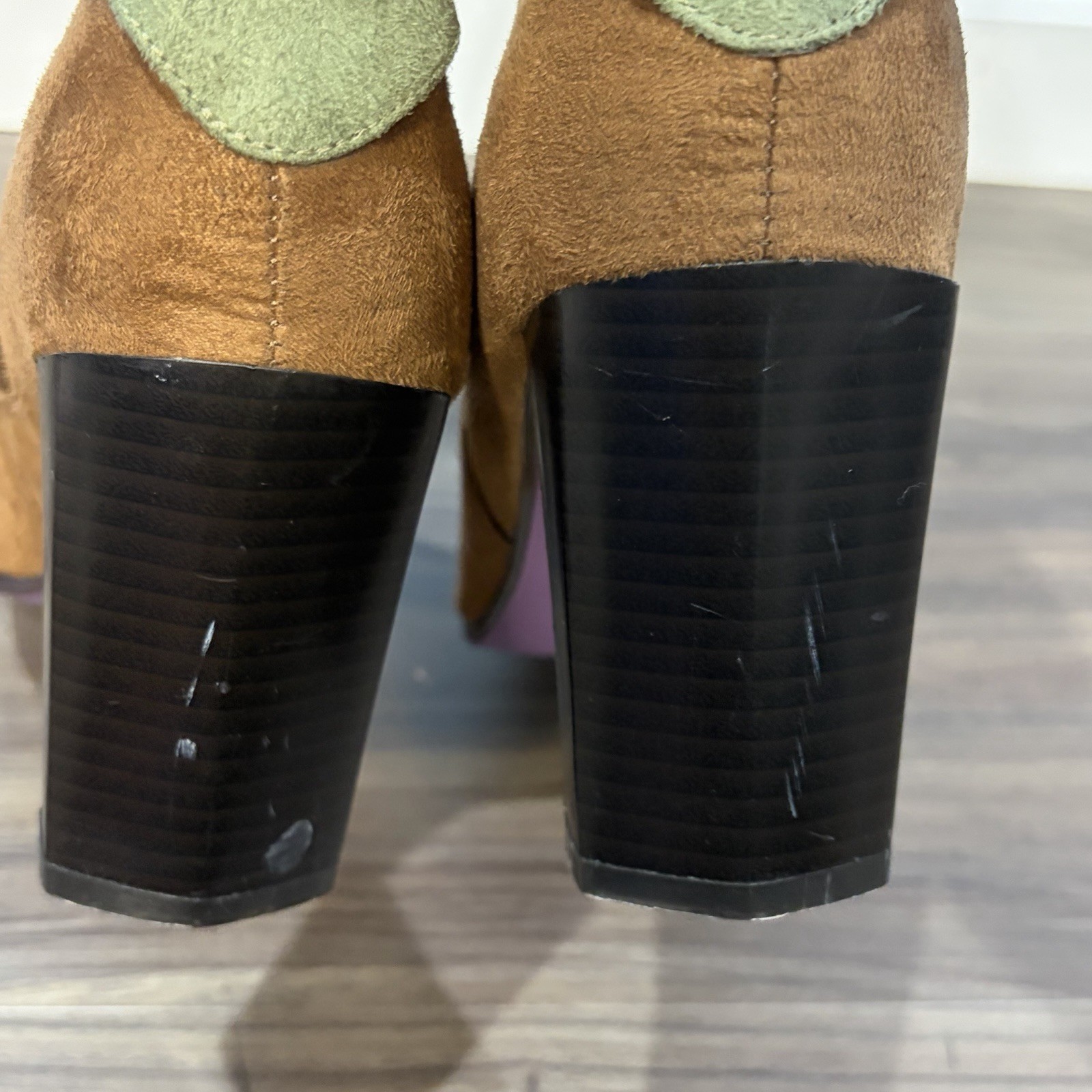 Vintage Suzanne Somers Brown Faux Suede Boots Green Bows Square Heel Women 9M