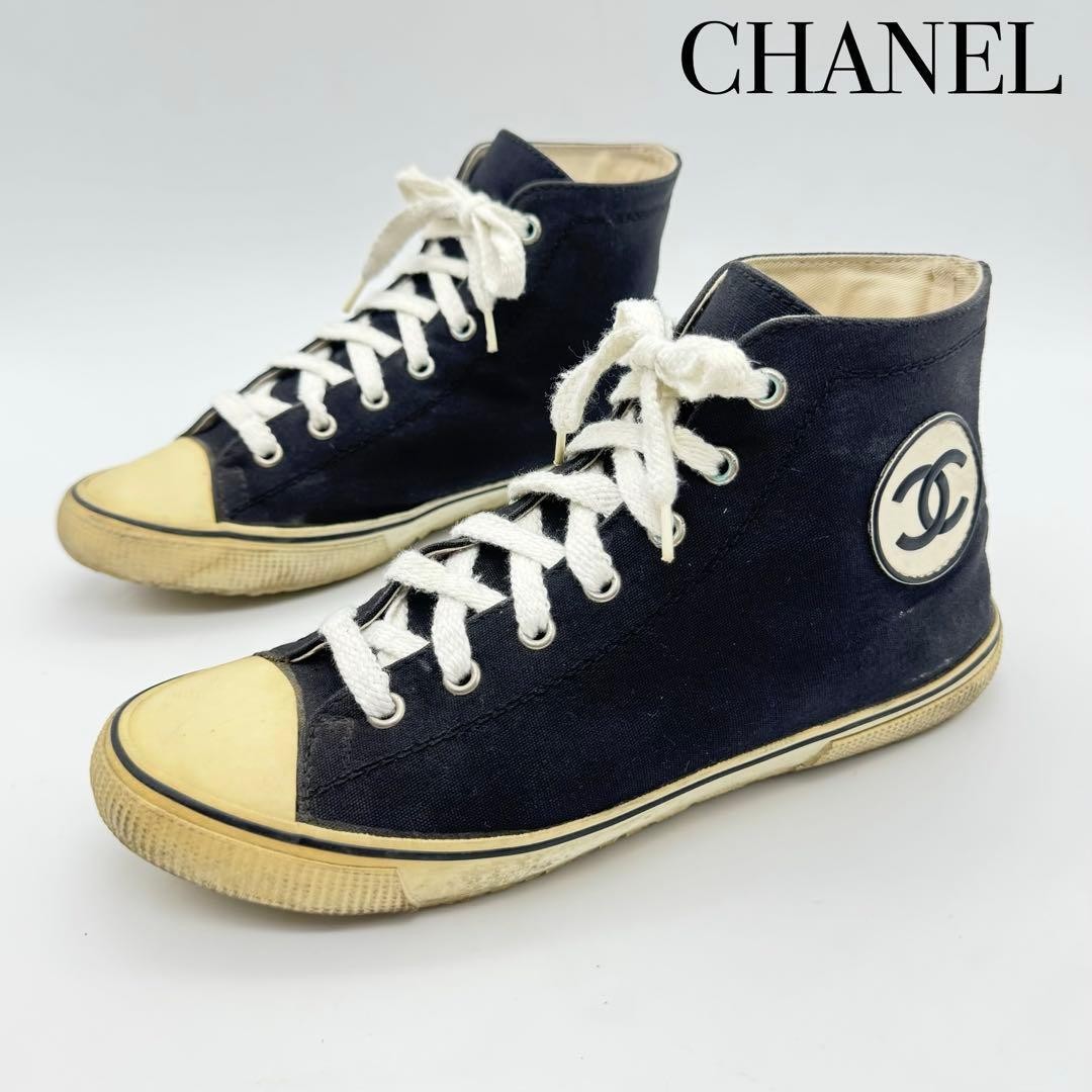 CHANEL Cocomark High-Cut Sneakers Canvas Black White Women’s Size EU38/US7.5