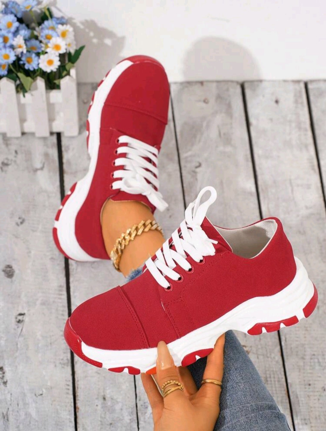 Lace-Up Athletic Sneakers Red White Lightweight Low Top Casual Women