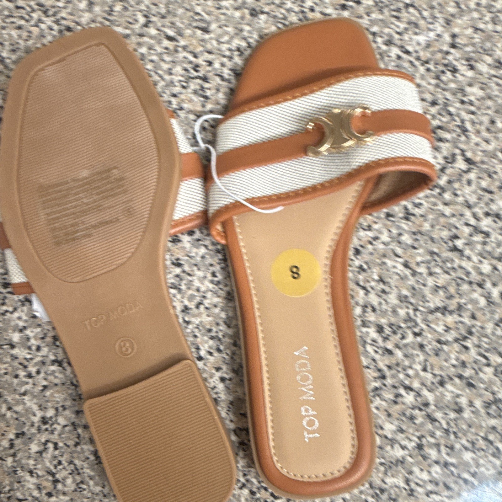 TOP MODA Women’s Leather Slide Sandals Brown/White Striped Open Toe 8