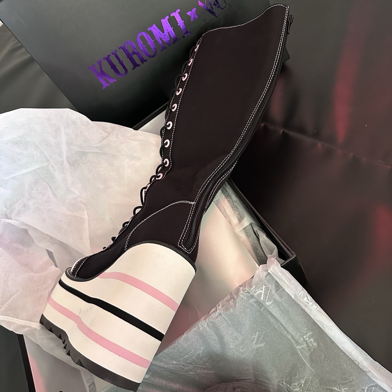 YRU x Kuromi Detention Platform Boots Black Pink White Women’s New In Box Size 9