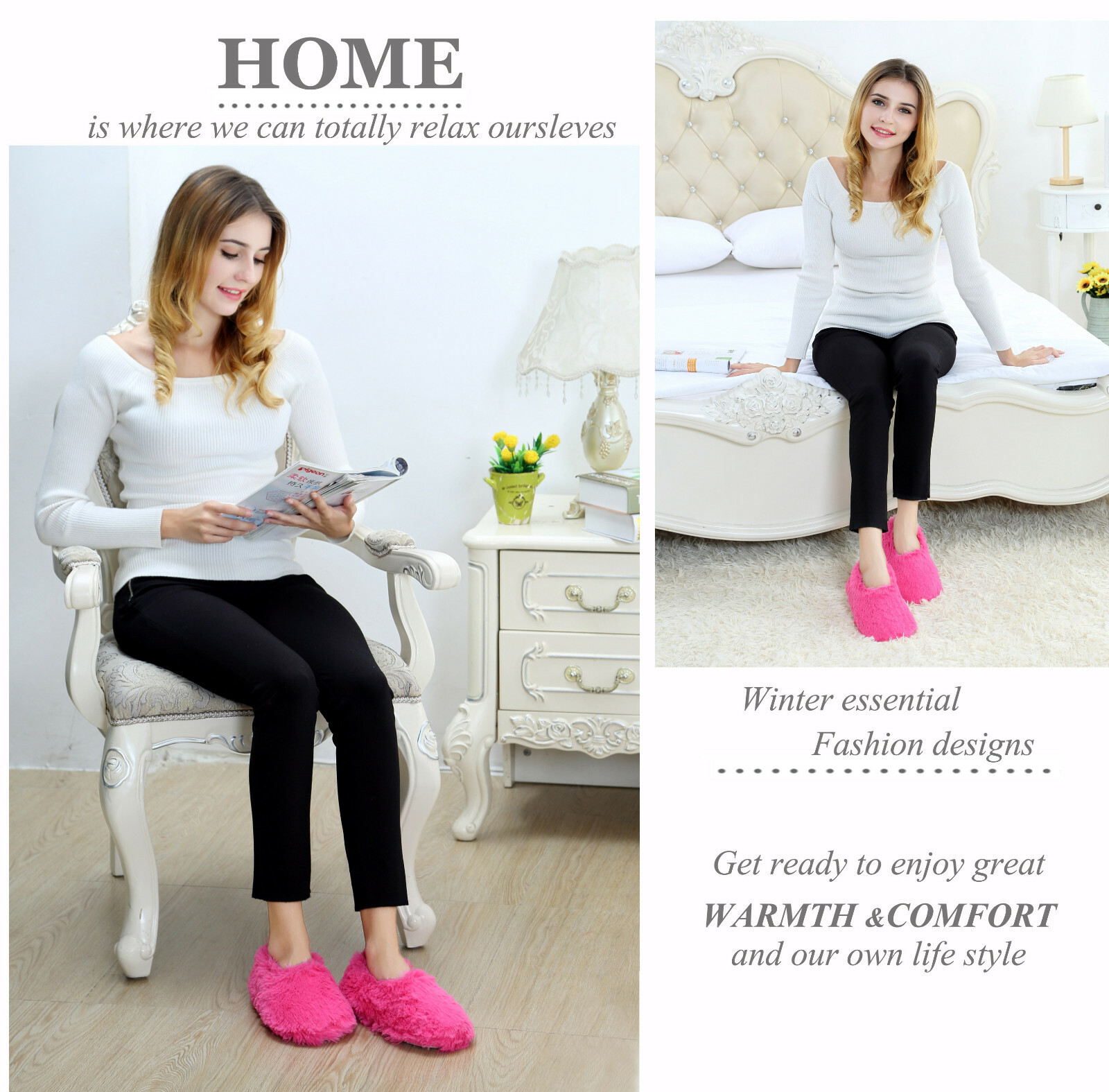 Fuzzy Winter Indoor Slippers for Women, Plush Warm Moccasin Slippers for Lady