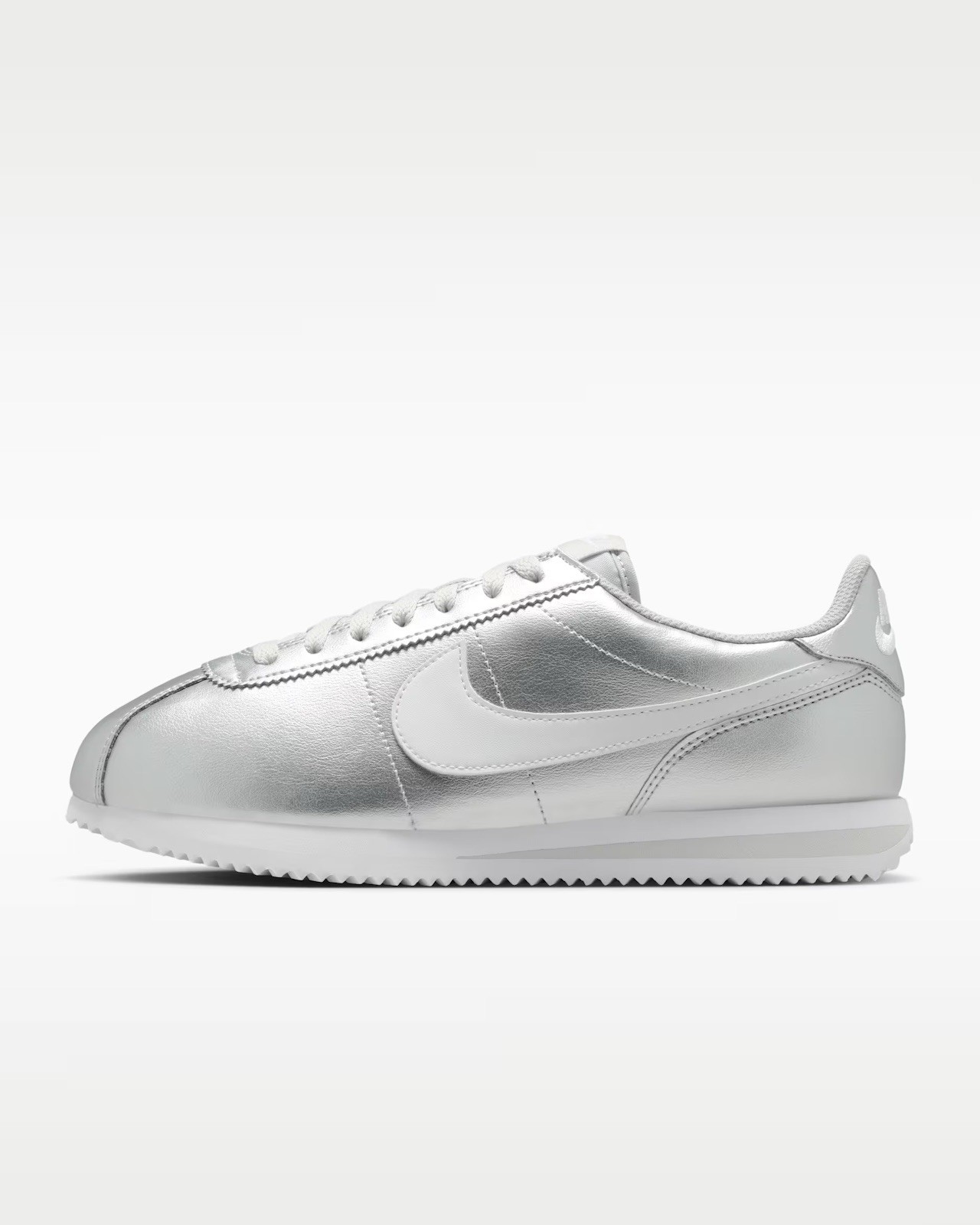 Nike Cortez Metallic Silver Grey White Lace Up Sneakers IR0042-001 Women’s Sizes