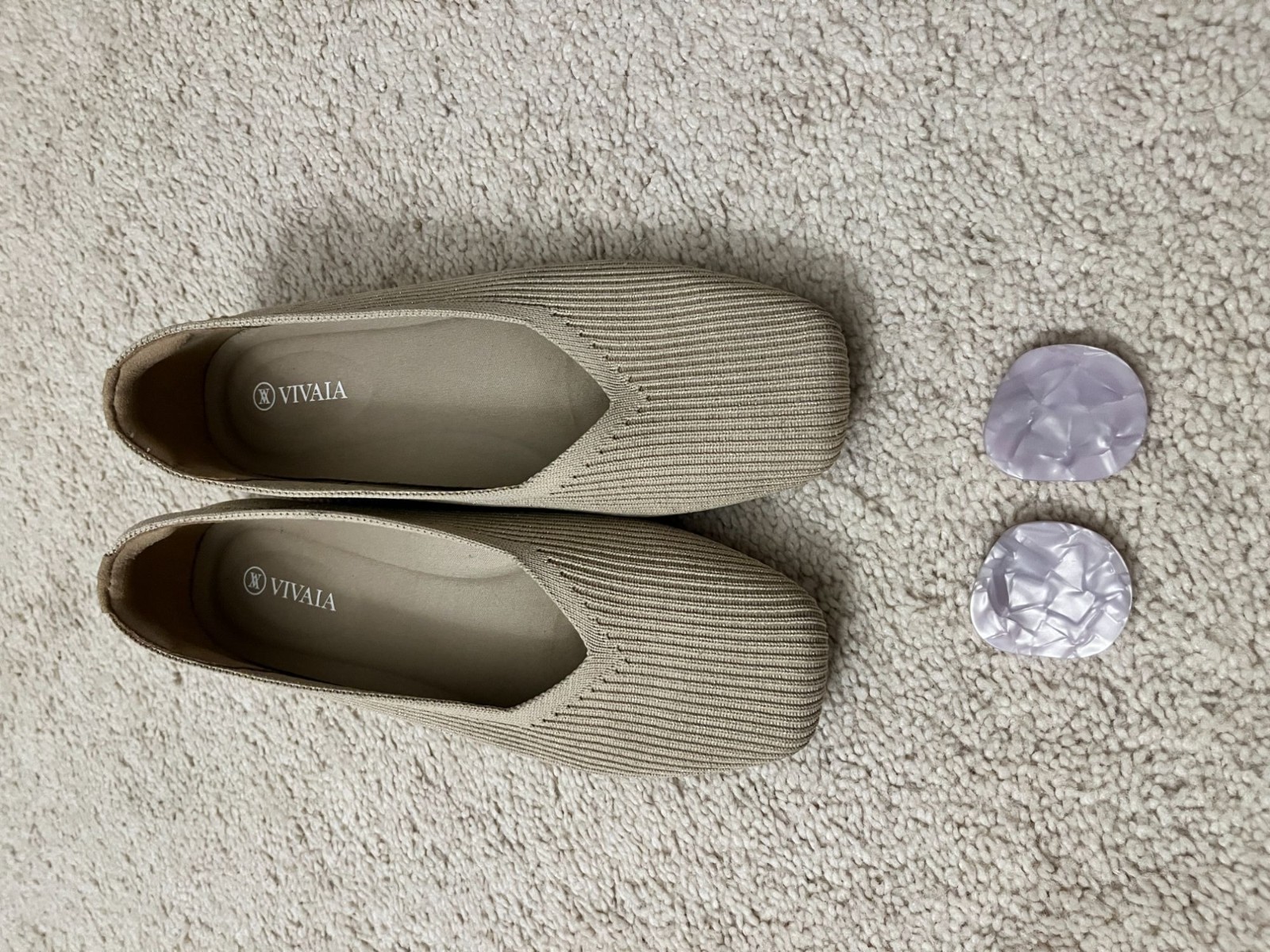 VIVAIA Almond Margot 2.0 Square Toe Ballet Flats & MOP Clips 38.5, US 7.5 EUC