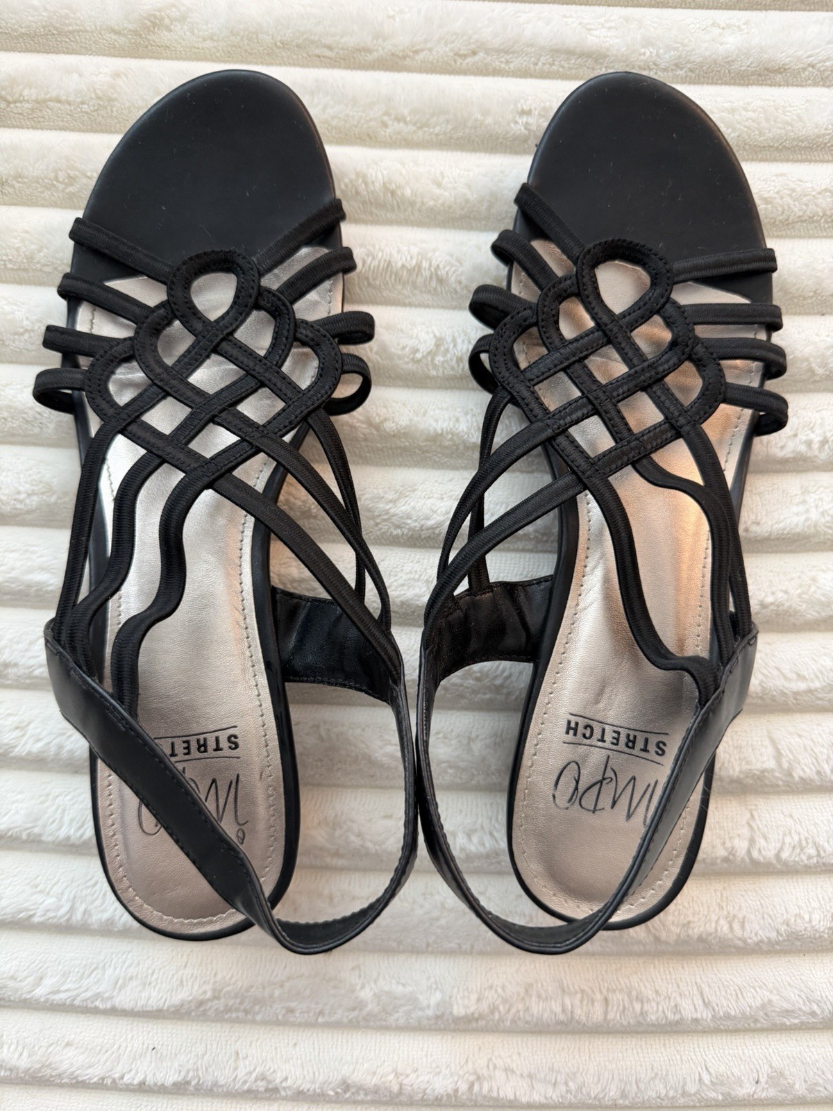 Impo Raquel Black Stretch Caged Strappy Slingback Wedge Sandals Womens 9M