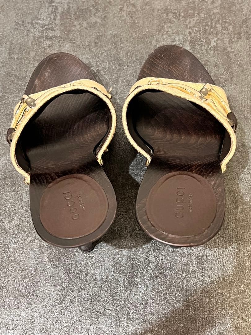 GUCCI Horsebit Mules Sandals Size 23cm 9in Brown Canvas Wood Sole