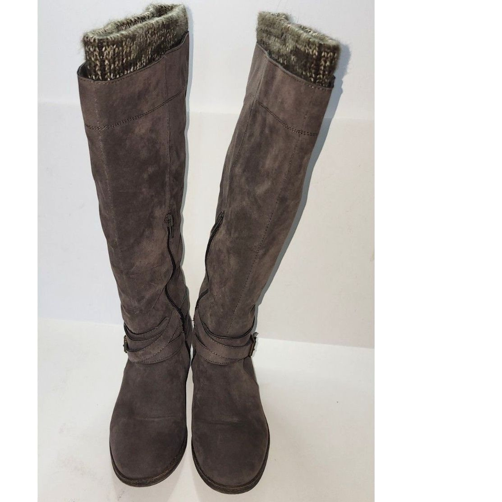 Shoedazzle Brownish Gray Knit Top Hally Buckle Knee High Boots Sz 7.5