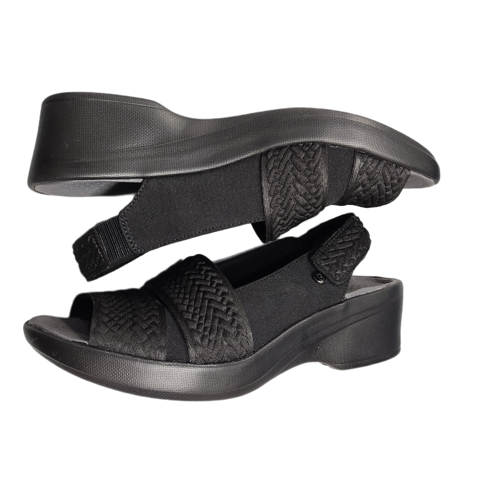 Bzees Fiona Slingback Sandals Womens 9.5M Black Braided Comfort Wedge Peep Toe