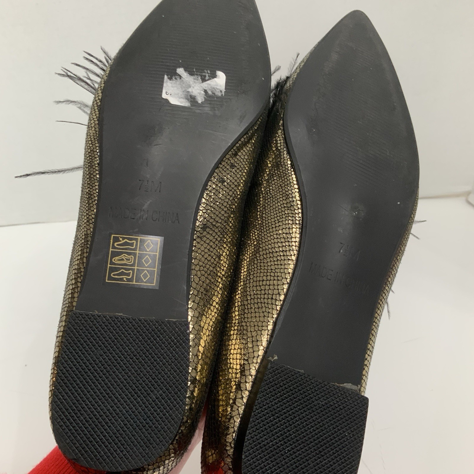 ASHRO Sz 7.5 Gold Bronze Feather Tassel Pointed Toe Metallic Loafers Party