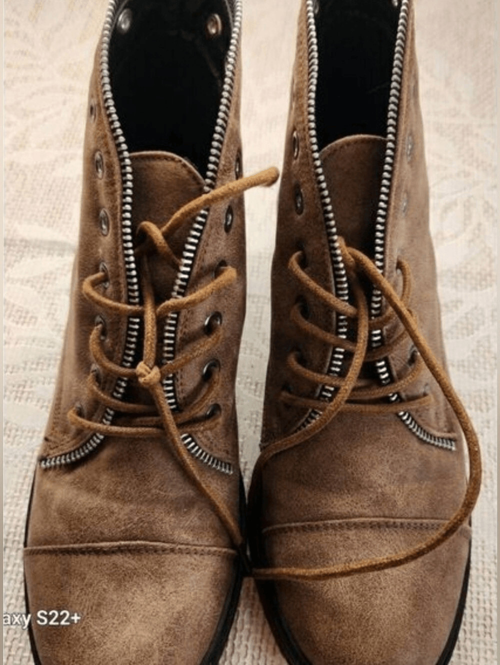 Cupid faux Leather Lace-Up Ankle Boots in Taupe w metal eyelets and zipper trim