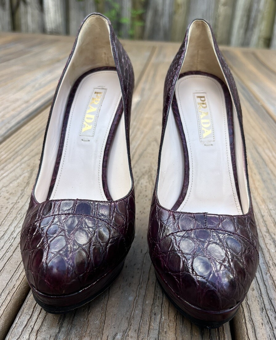 Prada Red Textured Leather Platform Semi Pointed Toe Slim Heel Pumps size 38