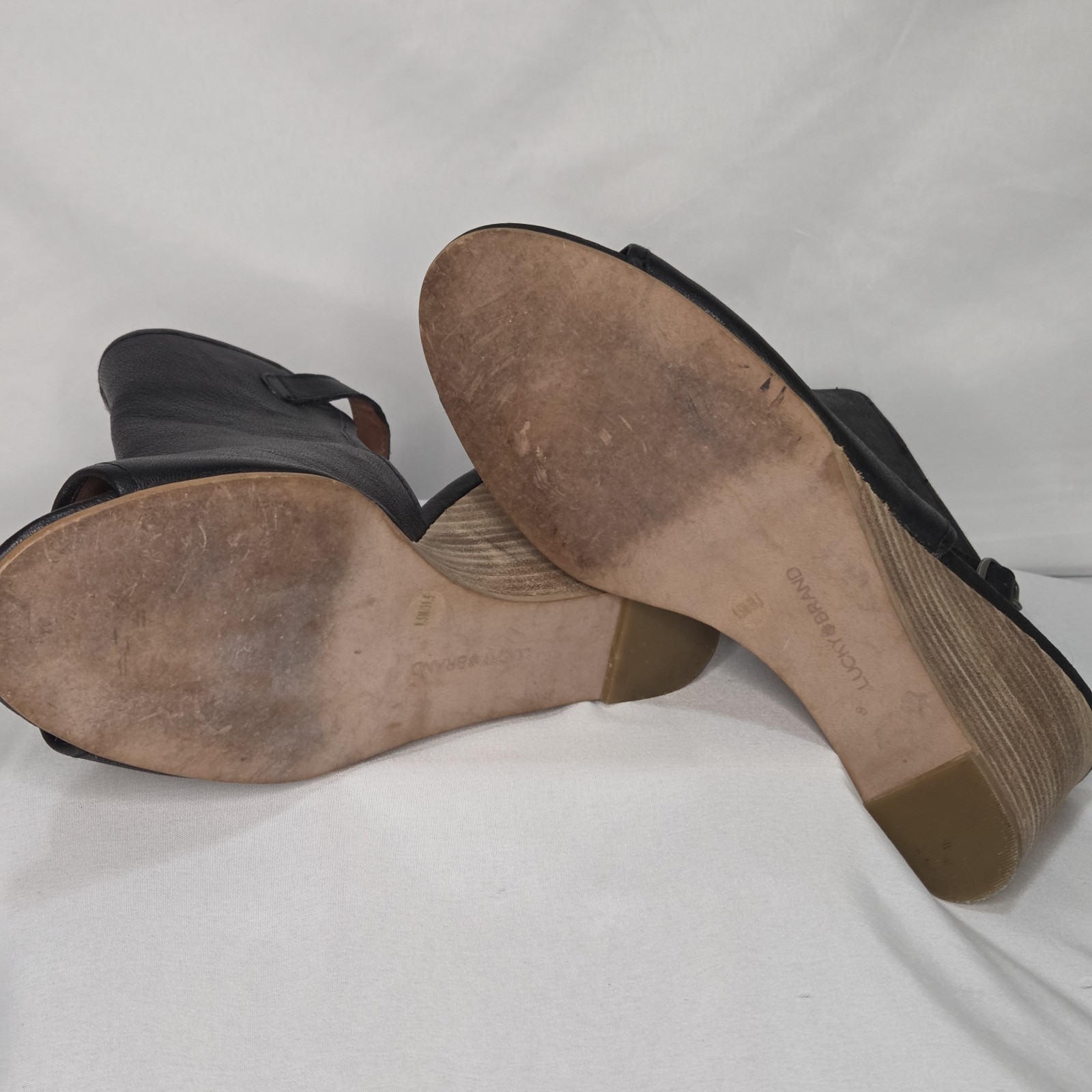 Lucky Brand Risza wedge sandals black leather ankle strap Size 9.5 Espadrille