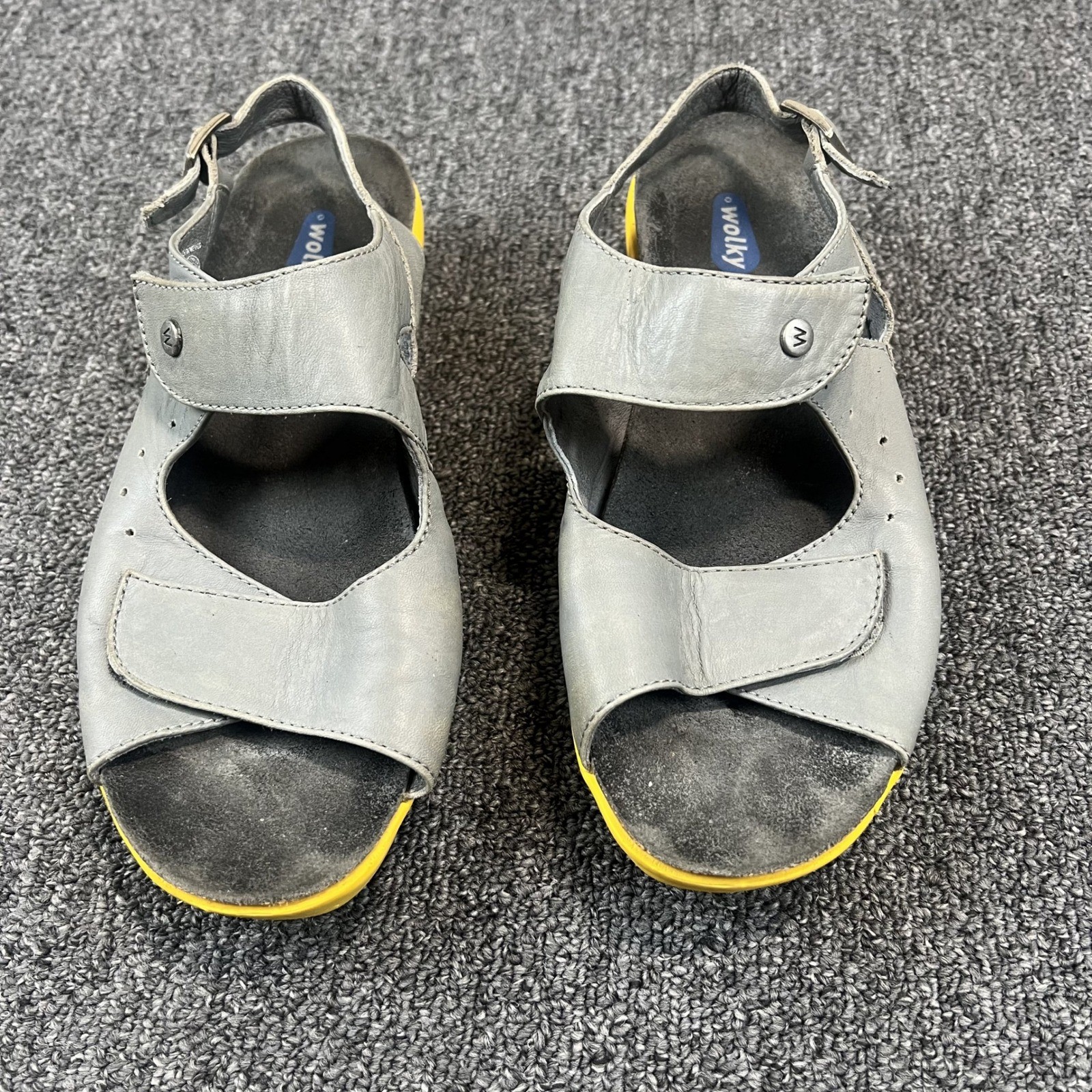 Wolky Jewel Leather Platform Slingback Sandals 8W Grey Yellow Comfort