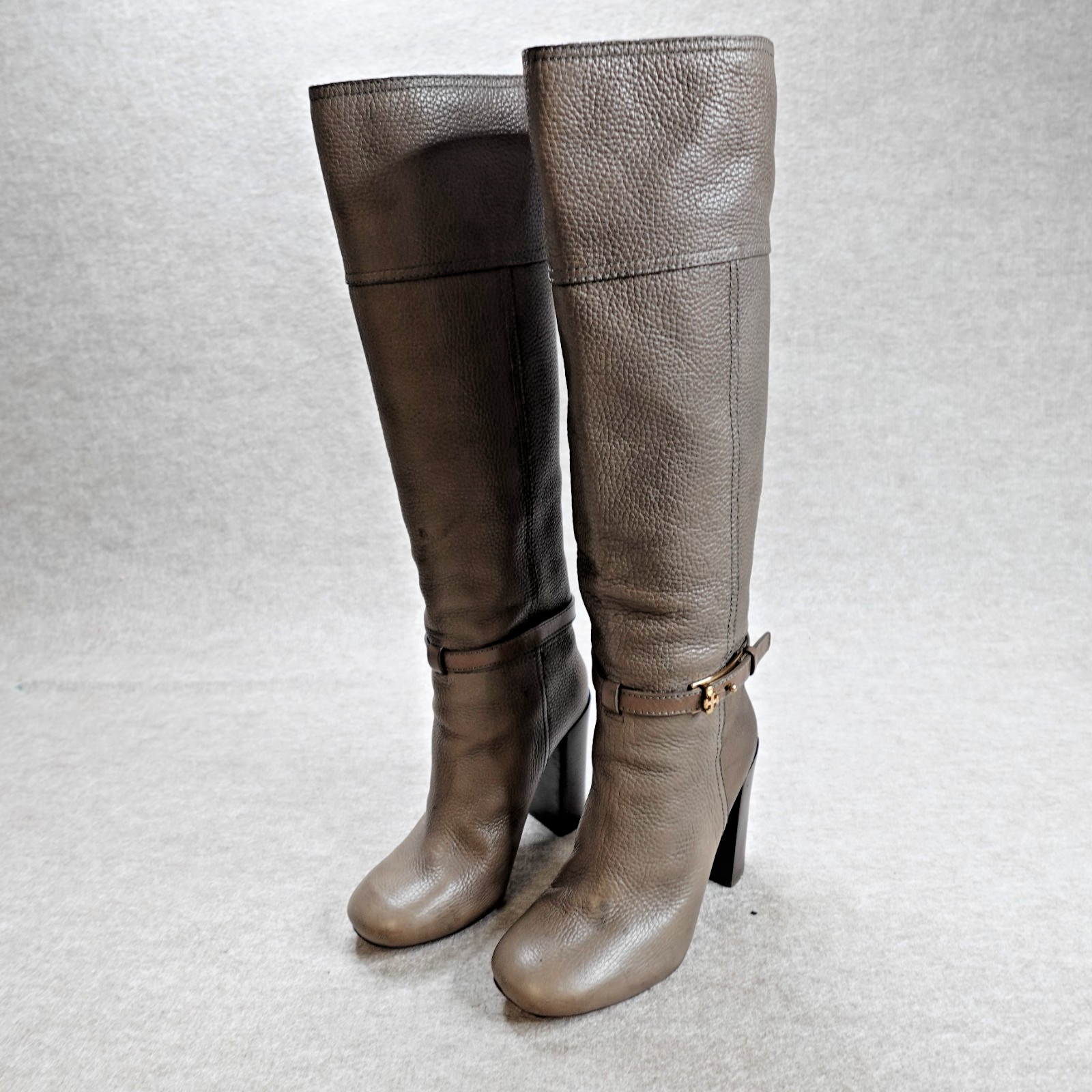 Tory Burch Womens Boots 8.5 Brown Gray Zip Heeled Pebbled Jenna Knee High